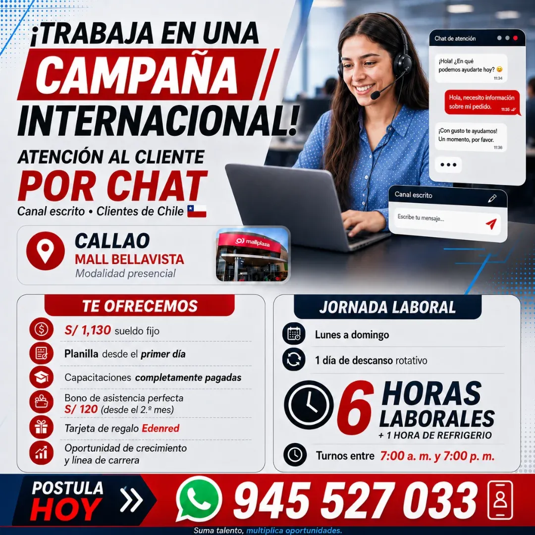 Aviso: ASESORES(AS) DE ATENCIÓN AL CLIENTE POR CHAT — toca para verlo completo