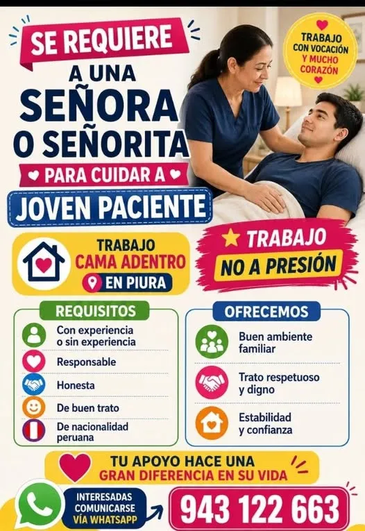 Aviso: Se requiere señora o señorita para cuidar a joven paciente. — toca para verlo completo