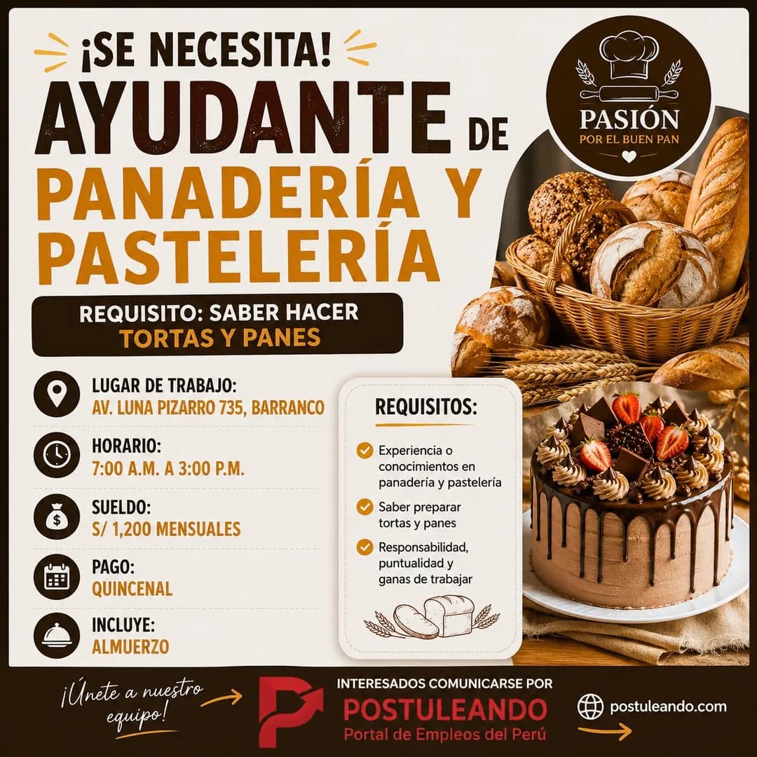 Aviso: AYUDANTE DE PANADERÍA Y PASTELERÍA — toca para verlo completo