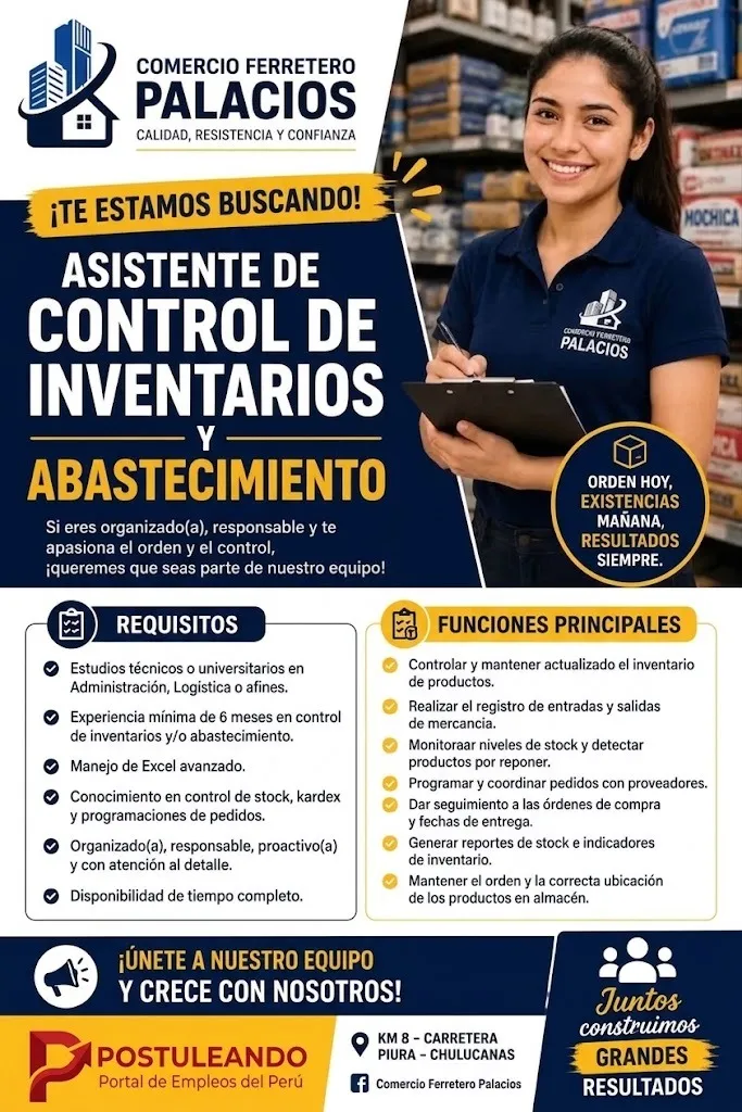 Aviso: ASISTENTE DE CONTROL DE INVENTARIOS Y ABASTECIMIENTO — toca para verlo completo