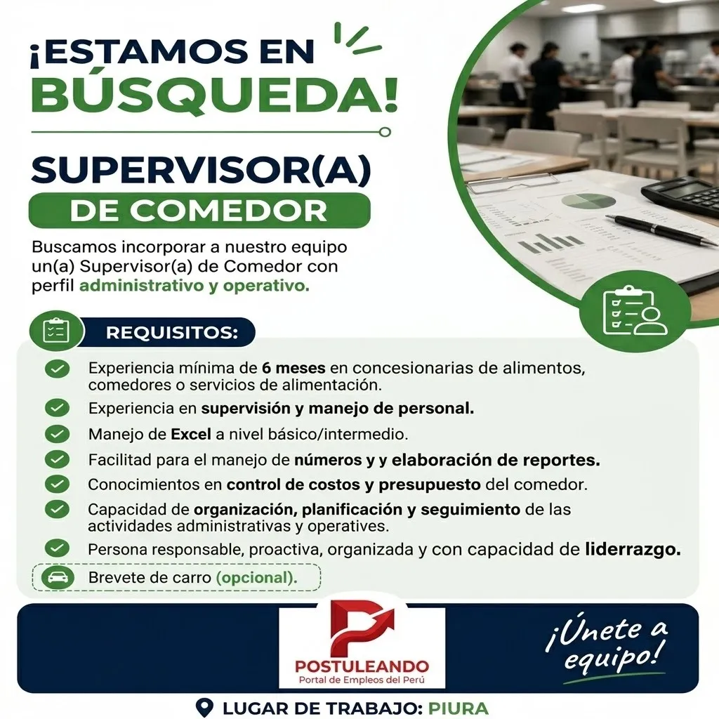 Aviso: SUPERVISOR DE COMEDOR — toca para verlo completo