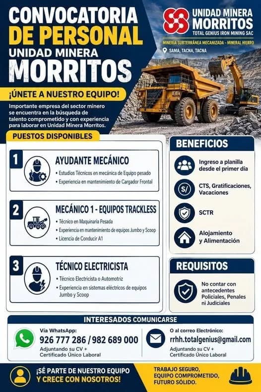 Aviso: CONVOCATORIA DE PERSONAL PARA UNIDAD MINERA — toca para verlo completo